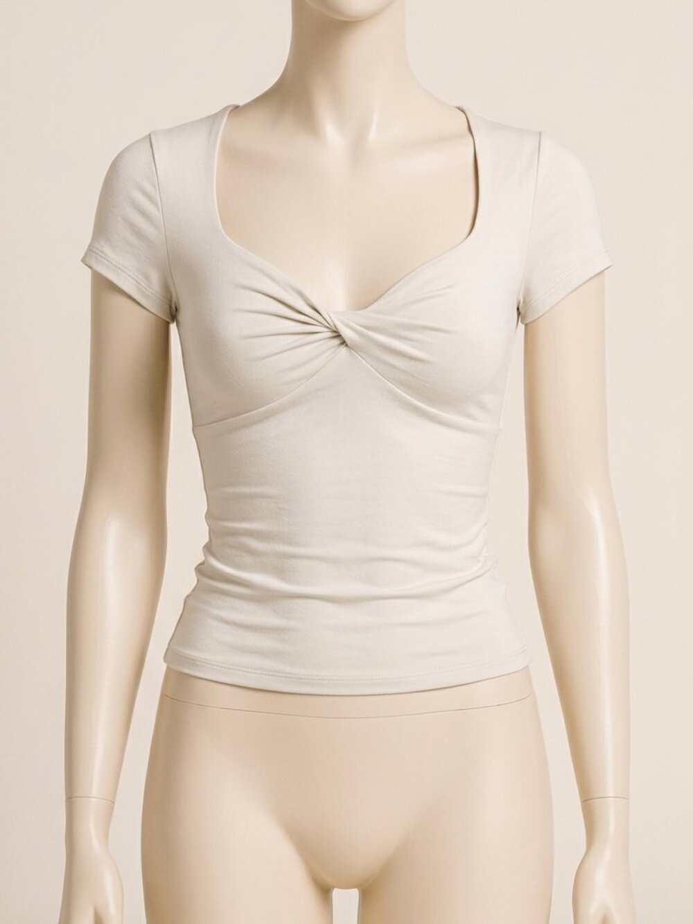 QINSEN Women's Twist Front V-Neck Double Lined Slim Fit Top Off White M